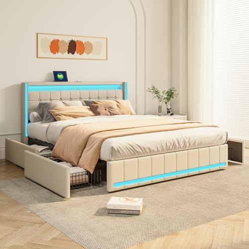 HULUWA Polsterbett 160x200 cm,Doppelbett mit 4 Schubladen,Bettgestell mit LED-Beleuchtung und USB-Ladefunktion für Erwachsene und Jugendliche mit Lattenrost,Leinenstoff,Ohne Matratze,Beige von HULUWA