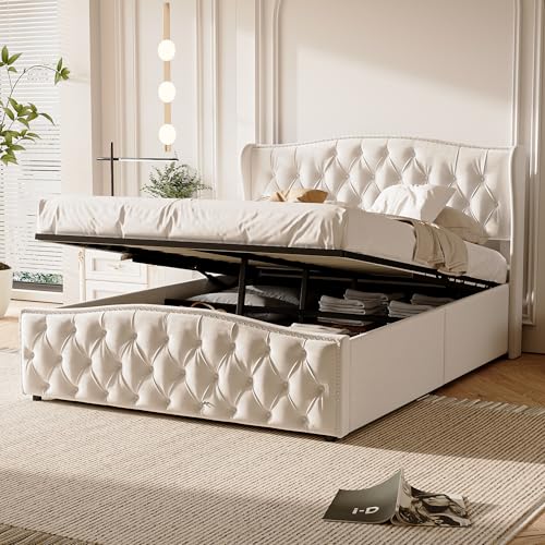 HULUWA Polsterbett 160×200cm,Doppelbett,Modernes minimalistisches Design Stauraumbett Lattenrost aus Holz Hydraulisches Metallrahmen Bettgestell,Haute qualité Samt,Ohne Matratze,Beige Weiß von HULUWA