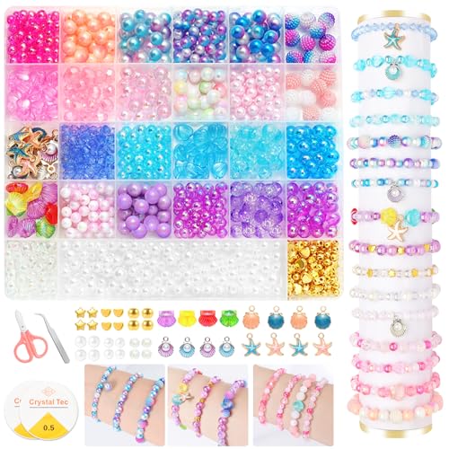 HUMTEOXI Perlen Set für Auffädeln, 1000+ Stück Perlen zum Auffädeln Kinder, Perlen Meerjungfrau zum Auffädeln, DIY Bracelet Making Basteln für Mädchen,Perlenset Kinder ab 6 von HUMTEOXI