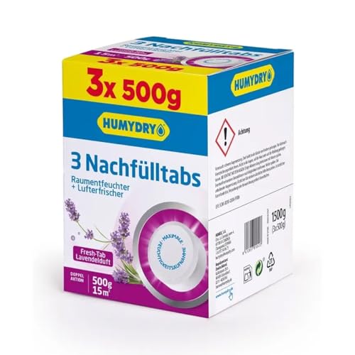 HUMYDRY Nachfüllpack TAB 3x500g mit Lavendelduft für Luftentfeuchter ohne Strom | Absorbiert zu hohe Feuchtigkeit in mittelgroße Räume wie Küche, Bad, Schlafzimmer | Beseitigt Feuchtigkeit von HUMYDRY