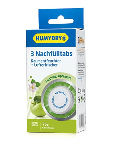 Humydry Nachfüllpackungen Mini Tab 3x75g mit Apfelduft für Luftentfeuchter ohne Strom | Ideal für kleine Räume wie WC's, Schränke, Schubladen, Kisten | Absorbiert zu hohe Feuchtigkeit von HUMYDRY