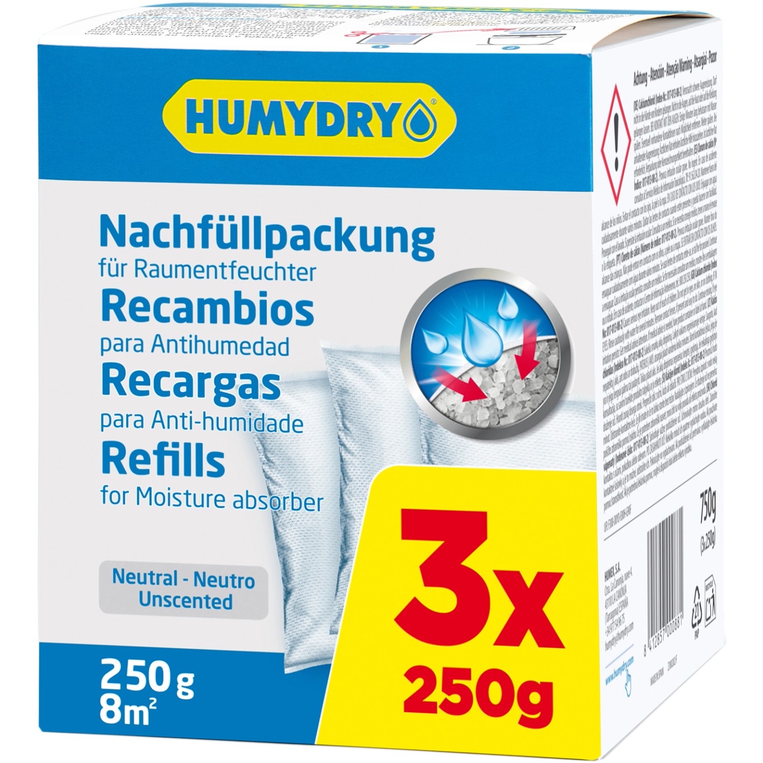 Humydry Compact Raumentfeuchter Nachfüllpack Neutral 3 x 250 g von HUMYDRY