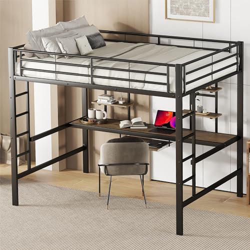 HUMZGHG Bettgestell Metallbett Eisenbett, 140x200cm Hochbett mit Schreibtisch und Zwei Bücherregalen für Kinder Jugendliche Erwachsene, Schwarz von HUMZGHG