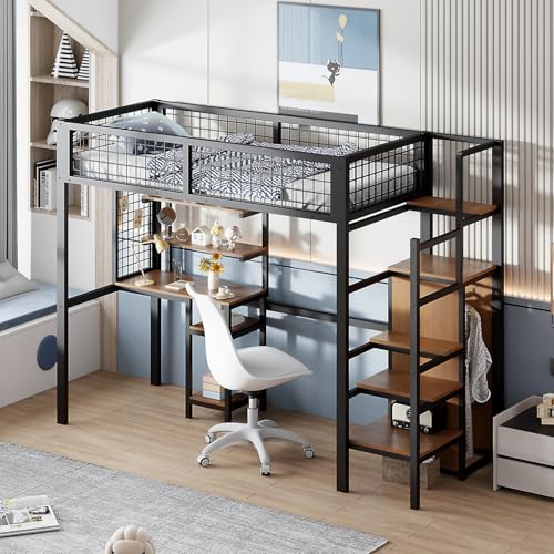 HUMZGHG Hochbett 90x200cm mit Sicherheitsleiter Eisenrahmen Kleiderschrank und Computertisch, Bettgestell Metallbett Eisenbett Kinderbett für Kinder Jugendliche Erwachsene (Schwarz) von HUMZGHG