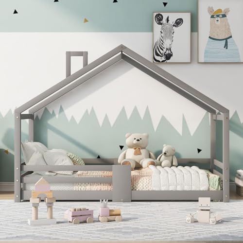 HUMZGHG Kinderbett 90 x 200 cm, Hausbett mit Schornstein Montessori Bodenbett Holzbett mit Rausfallschutz, Kiefernholz Bettgestell mit Lattenrost Haus Bett für Kinder (Grau) von HUMZGHG