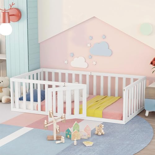 HUMZGHG Kinderbett 90 x 200 cm, Montessori Bodenbett mit Zaun und Tür, Holzboden Bettrahmen für Jungen Mädchen (Weiß) von HUMZGHG