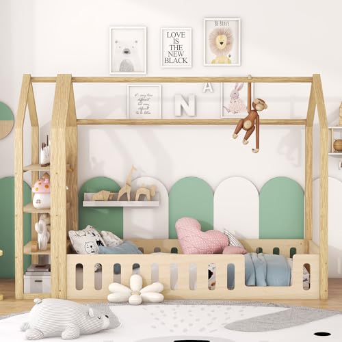 HUMZGHG Kinderbett bodenbett 90x200 cm mit Geländer Montessori Bett Hausbett mit 3 Regalen und rausfallschutz Dreifach Bodenstehender Bettrahmen für Jungen Mädchen (Natur) von HUMZGHG