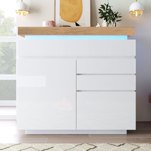 HUMZGHG Kommode 115 x 110 x 39 cm, Hochglanz Sideboard mit 2 Türen und 3 Schubladen, LED Beleuchtung (App Control), Mehrzweckschrank für Wohnzimmer und Schlafzimmer, Weiß von HUMZGHG