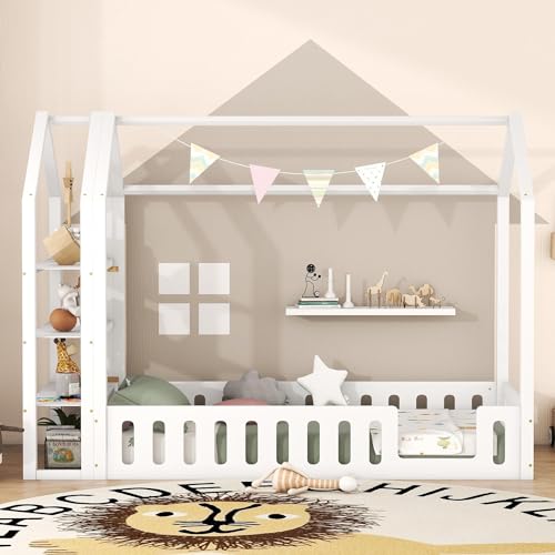 HUMZGHG Kinderbett bodenbett 90x200 cm mit Geländer Montessori Bett Hausbett mit 3 Regalen und rausfallschutz Dreifach Bodenstehender Bettrahmen für Jungen Mädchen (Weiß) von HUMZGHG