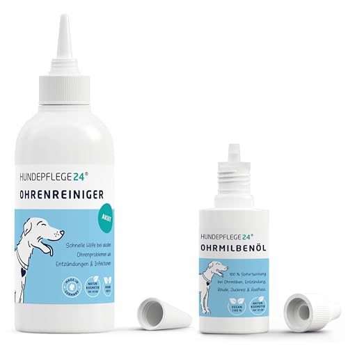 HUNDEPFLEGE24 Ohrenpflege Set - Ohrenreiniger Akut 250ml + Ohrmilbenöl 50ml - Das ideale Duo für gesunde Hundeohren - Sofortwirkung gegen Ohrmilben und pflegende Wirkung bei Entzündungen von Hundepflege24