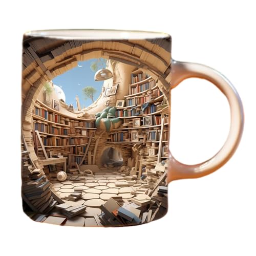 3D Bookshelf Mug, 350ml Bibliothek Bücherregal Reisebecher, 3D-Bücherregal-Tasse, Kreatives Design, Bücherregal-Becher, Bookshelf Pattern Mug, Geschenke Für Leser von HUNYA