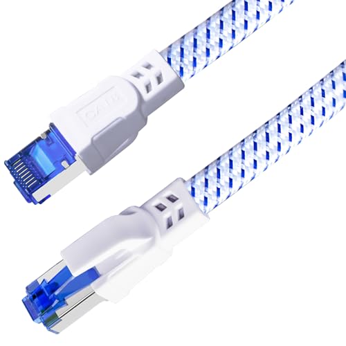 HUO JI Cat 8 LAN-Kabel 3M (40Gbps/2000MHz) Flaches Geflechtkabel S/FTP mit vergoldeten RJ45-Steckern, Hochgeschwindigkeits-Ethernetkabel für Gaming, Laptop, Router, Modem, TV, Switch von HUO JI