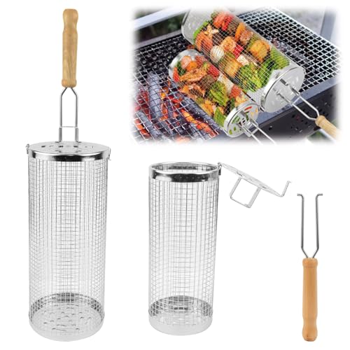 2 Stück Nestendes Rollendes Grillkorb Set mit abnehmbarem Holzgriff, Rolling Grilling Basket, Grillkorb Edelstahl mit Gabel, für Camping und Terrassengrills Freien, für Gemüse von HUOGEE