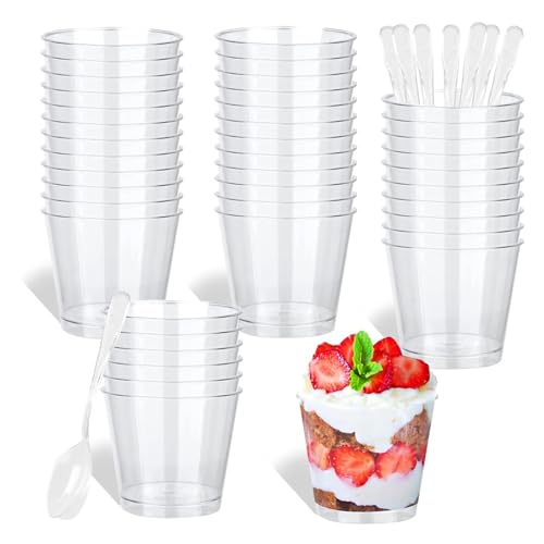 HUOGEE 50 Stück Desserttasse mit 50 Stück Löffeln, 200ml/220ml Dessertbecher Klare Dessertschalen Wiederverwendbar Desserttassen Runden Becher für Zuhause Desserts Pudding Mousse Eis Party (220ml) von HUOGEE