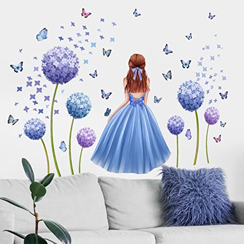 HUOGEE Blumen Fee Wandtattoo Wandsticker Wandtattoo Babyzimmer Mädchen Bunt Schmetterling und Blumen Pflanzen Wandaufkleber für Mädchen Babyzimmer Schlafzimmer Hause Wanddekoration (Blue) von HUOGEE