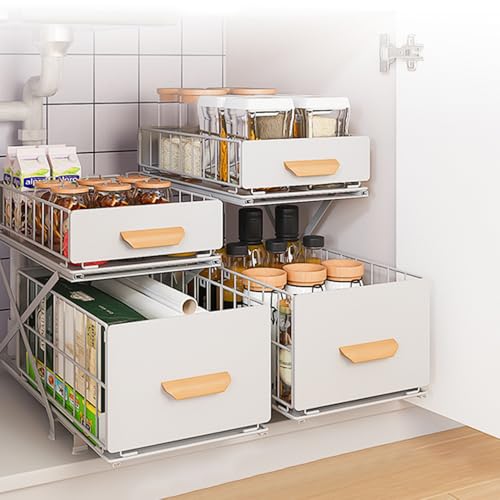 HUOLE 2 Tier Organizer mit Speicher Unter Waschbecken Schiebeschrank Korb herausziehen Snack Organizer Küche Bad Schlafzimmer Büro -40 * 26 * 43cm-weiß-2PC von HUOLE