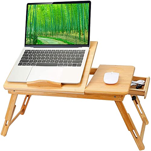 Betttablett Laptoptisch wählbar Laptop Betttisch Bambus Bett Tablett klappbar mit Füßen zum Aufstellen kippbar Laptopunterlage,(66 * 30 * 35cm – Holzfarbe) von HUOLE