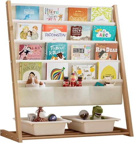 Bücherregal, Aufbewahrungsregal für Kinder, 4 Etagen, Bücherregal mit Aufbewahrungsfächern, 78 x 69 x 33 cm (Originalfarbe Holz) von HUOLE