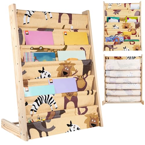 Bücherregal für Kinder, Bücherregal mit Tasche, 7 Ebenen, Naturholz, Bücherregal, perfekte Höhe zum Lesen, 80 x 60 x 30 cm (Original Holzfarbe) von HUOLE