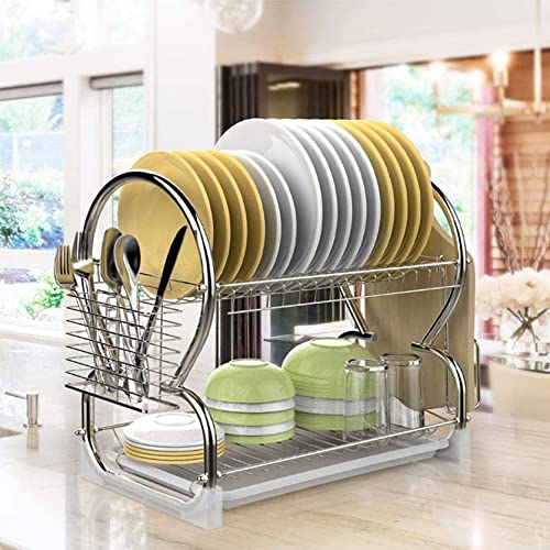 Geschirrtrockner, 2 Tier Geschirrkorb Küchenschalenregale Edelstahl Stehender Abtropffläche Organisator Geschirrspülen Platzsparer Display(40 * 24 * 38 cm (Essstäbchenrohr + Schneidebretthalter)) von HUOLE