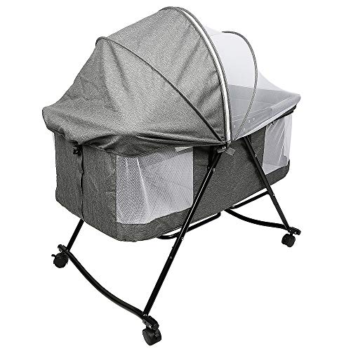 HUOLE 2 in 1 Baby Bett mit Rollen, Matratze, Beistellbett Baby und Freistehendes Kinderbett, Nachttisch Baby Krippe Faltbar,Stubenwagen Bett Netz106*92 * 55cm-grau von HUOLE