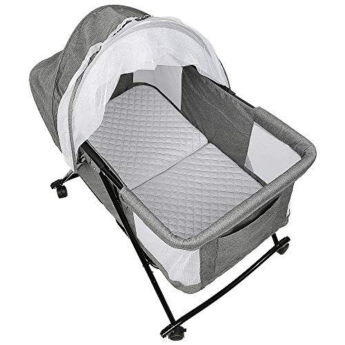 HUOLE 2 in 1 Baby Bett mit Rollen, Matratze, Beistellbett Baby und Freistehendes Kinderbett, Nachttisch Baby Krippe Faltbar,Stubenwagen Bett Netz106*92 * 55cm-grau von HUOLE