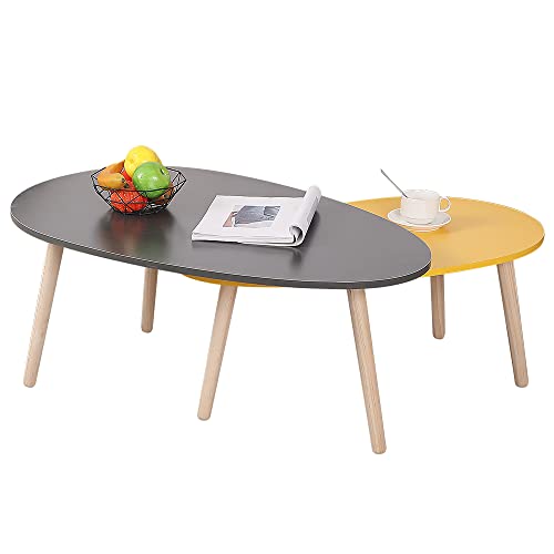 HUOLE 2er-Set Beistelltisch Coffee Tisch Sofatische-Set Satztische, Couchtische mit Beinen aus Massivholz, Tischkombination für Büro, Küche, Wohnzimmer-Zwei Ovale - dunkelgrau + gelb von HUOLE