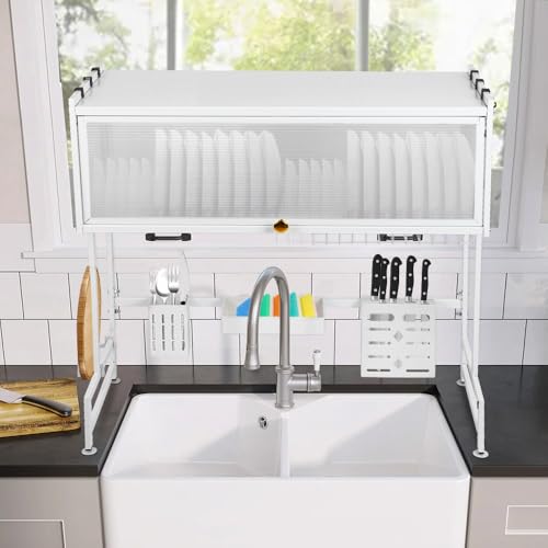 HUOLE Abtropfgestell Geschirr, 3-Stufiges Geschirrabtropfgestell mit Abtropfschale und Abtropfmatte, Edelstahl-Abtropfgestell mit Utensilienhalter, 65 * 30 * 78cm-weiß von HUOLE