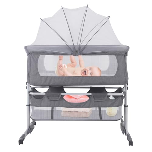 HUOLE Babywiege, Beistellbett Babyfaltbar, tragbar, für Reisen, mit Moskitonetz, 3-in-1, höhenverstellbar + mit Matratze und Moskitonetz-92 * 58 * 70-90cm (dunkelgrau) von HUOLE