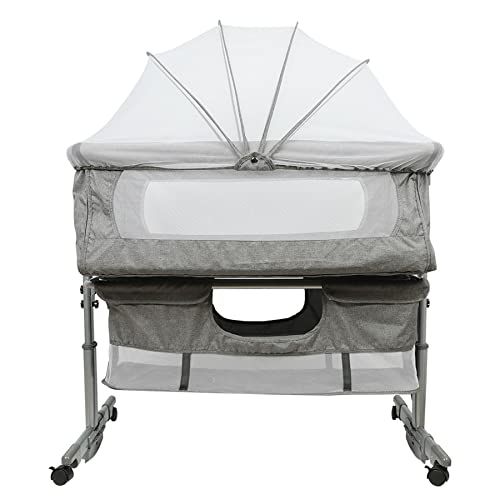 HUOLE Babywiege, faltbar, tragbar, für Reisen, mit Moskitonetz, 3-in-1, höhenverstellbar + mit Matratze und Moskitonetz-92 * 58 * 70-90cm (dunkelgrau) von HUOLE