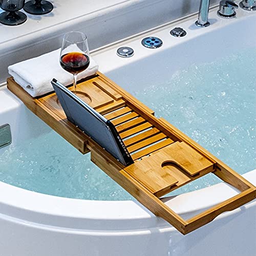 HUOLE Badewannen Badewannenbretter aus Bambus, versenkbarer Badewannentablett 70-105cm*23 * 3cm breite, Badewannenablage zur Aufnahme von iPads, Mobiltelefonen, Kerzen und Weingläsern von HUOLE