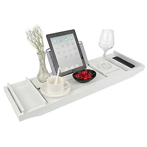 HUOLE Bambus Luxus Badewanne, Bad Tablett für Badewanne, einzigartiger Badewanne Organizer mit Book Tablet Weinglas Cup Handtuchhalter, wasserdicht, verstellbar,Bambusbadewannenständer, 70-105cm von HUOLE