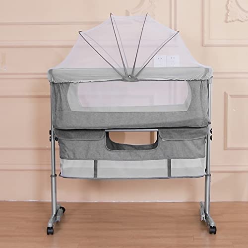 HUOLE Bed 3-in-1 Multifunktionsbett und Laufstall, für Kinder bis 15 kg Körpergewicht, mit Matratze, Befestigungsgurten, Moskitonetz und Rädern (93 * 57 * 71-88cm-dunkelgrau) von HUOLE
