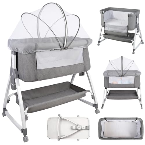 HUOLE Beistellbett, 2 in1 Baby Bett ab Geburt bis 25 kg, Zustellbett 6 Höhenverstellung, mit Matratze/Faltbare Seitenwand/Räder, Netzgewebe Kinderbett-80 * 40 * 100-115cm – Leinen von HUOLE
