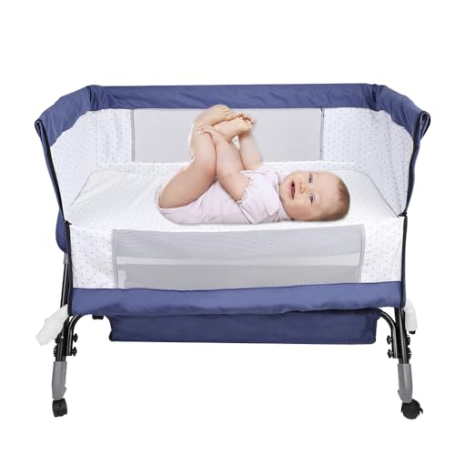 HUOLE Beistellbett Baby,4-stufig Höhenverstellbar,3 in 1 Babybett und Babywiege,Kinderbett mit Rollen,Moskitonetz, 20° Neigung Babybett, 104 x 52 x 100–110 cm – Marineblau HUOLE Beistellbett Baby,4-stufig Höhenverstellbar,3 in 1 Babybett und Babywiege,Kinderbett mit Rollen,Moskitonetz, 20° Neigung Babybett, 104 x 52 x 100–110 cm – Marineblau von HUOLE