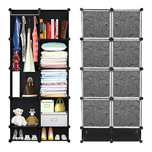 HUOLE DIY Kleiderschrank Regalsystem Garderobe aus Kunststoff Garderobenschrank Steckregalsystem Bücherregal Tragbarer Faltschrank mit Türen (8 Würfel Schrank) von HUOLE