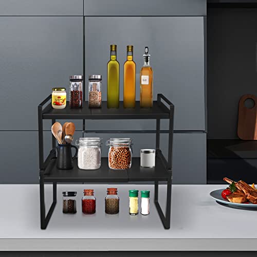 Erweiterbares Metall, Schrankregal Erweiterbarer Küchenregal Organizer Verstellbarer Küchenschrank Regal Gewürzregal Theken Speisekammer Badezimmer-36-60 * 21 * 36,5cm (schwarz) von HUOLE