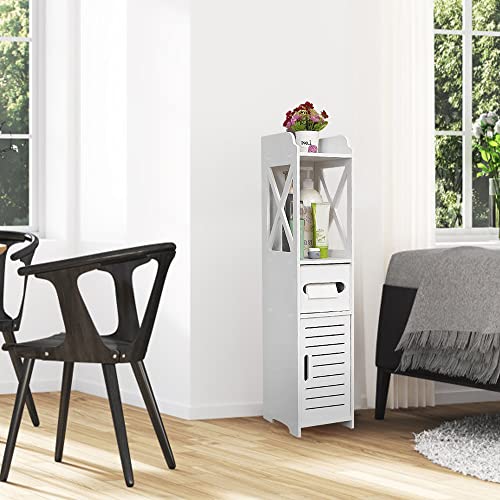 HUOLE Kleiner Schrank für Toilette, Toilettenpapierhalter, WC-Bürstenhalter, Badezimmerschrank auf Holzfuß, Badezimmerschrank (15 x 15 x 80 cm, weiß) von HUOLE
