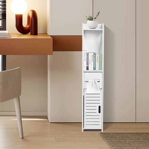 HUOLE Kleiner Schrank für Toilette, Toilettenpapierhalter, WC-Bürstenhalter, Badezimmerschrank auf Holzfuß, Badezimmerschrank (15 x 15 x 80 cm, weiß) von HUOLE