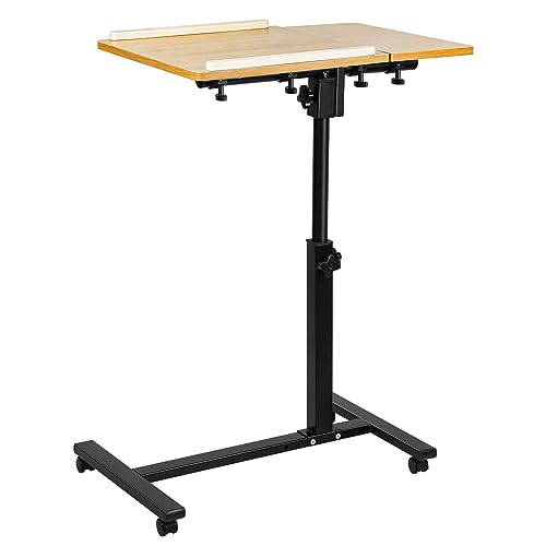 HUOLE Laptoptisch Höhenverstellbar, Laptopständer Computertisch, Mobiler Stehtisch mit 2 Stopp-Leisten & 4 Rollen, Überbett-Tisch 360 Drehbaren Tischplatte-70 * 44 * 65/95CM – natürliche Holzfarbe von HUOLE
