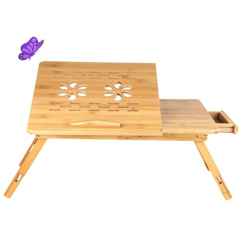HUOLE Laptoptisch Notebooktisch Höhenverstellbar mit Schublade Belüftet Neigbar Faltbar Laptopständer Betttisch Bett Couch Sofa (66 * 35 * 30cm-Holzfarbe) von HUOLE