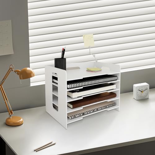 HUOLE Ordnerregal und Dokumentenhalter – Multifunktionaler Schreibtisch-Organizer – Aufbewahrungsbox, PVC-Fach für Haus und Schule, 33,5 x 25,5 x 28 cm – 5 Schichten – Weiß (1 Stück) von HUOLE