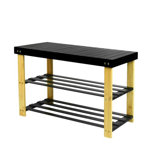 HUOLE Schuhbank aus Bambus mit 3 Ebenen für Eingangsbereich, Bank, Schuhregal aus Bambus (zulässige Belastung: 120 kg), ideal für den Eingang, Badezimmer, Wohnzimmer, 70 x 27 x 42 cm – 2 Stück von HUOLE