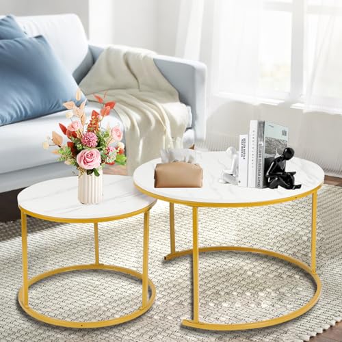 HUOLE Set mit 2 Couchtischen, rund, Beistelltisch, für Wohnzimmer, Esszimmer, Schlafzimmer, Balkon, 70 x 70 x 45 cm – Weiß Gold HUOLE Set mit 2 Couchtischen, rund, Beistelltisch, für Wohnzimmer, Esszimmer, Schlafzimmer, Balkon, 70 x 70 x 45 cm – Weiß Gold von HUOLE