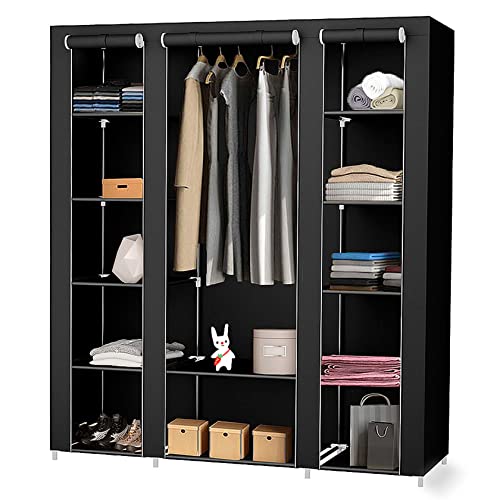 HUOLE Kleiderschrank mit Kleiderstangen, Innenschrank-Organizer, Schuhregal, Badezimmer-Eingangsschrank, Stoffschrank, Faltbarer Kleiderschrank, Stoffschrank, 175 * 150 * 45 cm, Schwarz von HUOLE