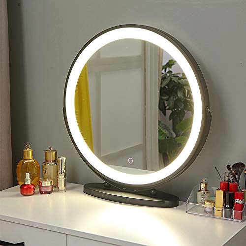 LED Tischspiegel mit Beleuchtung Rund Schminkspiegel Dimmbar Kosmetikspiegel mit Touchschalter,3 Lichtfarbe Warmweiß/Neutral/Kaltweiß,Touch Control 360°Drehung(50*50cm drehbar (dreifarbig dimmbar)) von HUOLE