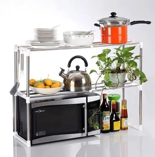 HUOLE Mikrowellenregal mit Zwei Ebenen, ausziehbar, aus Metall und Holz, 2 Stufen, Mikrowellen-Regal, Küchenschrank, 57 * 38 * 38cm, Z-Teakholzoberfläche von HUOLE
