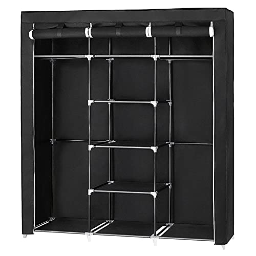 Stoffschrank Faltschrank Garderobe mit Kleiderstange, Vliesstoff, fürs Schlafzimmer, AufbewahrungsschrankGarderobenschrank mit Gitterablagen aus Eisen mit Tür und Kleiderstangen,175*150*45cm- Schwarz von HUOLE