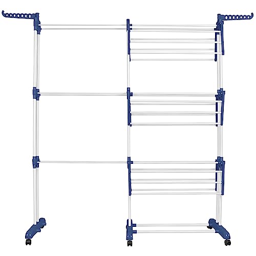 Wäscheständer, faltbar, mobil, groß, zusammenklappbar, 3 Ebenen, platzsparend, Wäscheständer, Tower Wäschetrockner (75 – 142,5 x 64 x 170 cm, blau) von HUOLE