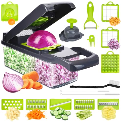 19-in-1 Gemüseschneider,Multifunktion Gemüsehobe,Vegetable Chopper, Würfelschneider mit 7 Austauschbare Klingen, Gemüse Schneider für Hobeln von Obst von HUOMAQFAN
